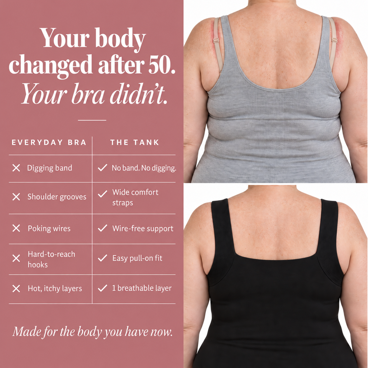 Comparison of a traditional bra and a LUMIVE built-in bra tank from the back