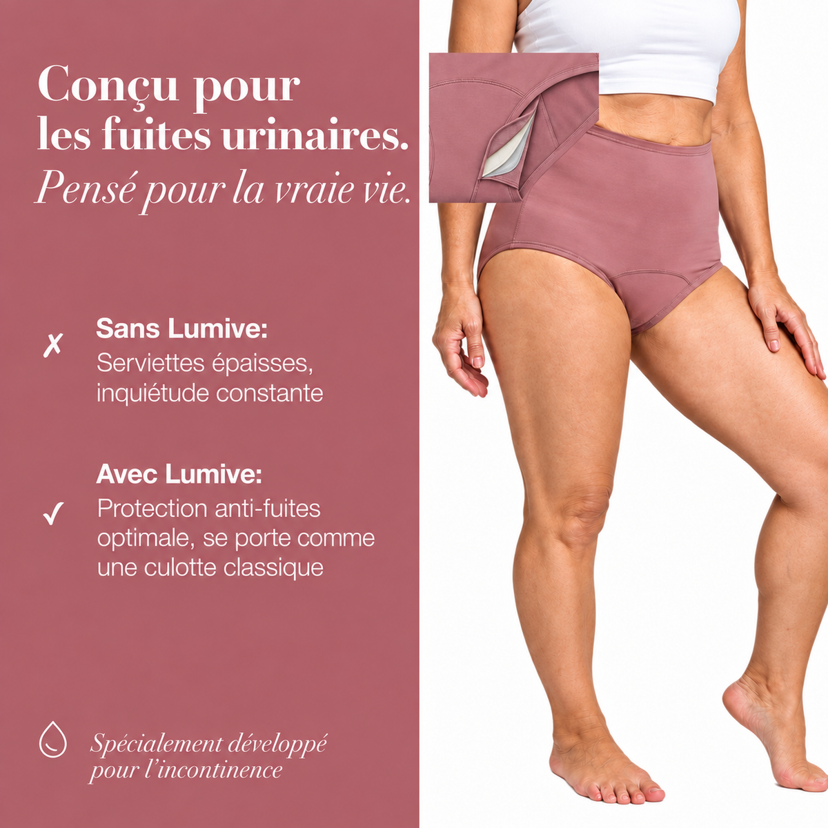 Culotte taille haute LUMIVE conçue pour les fuites urinaires
